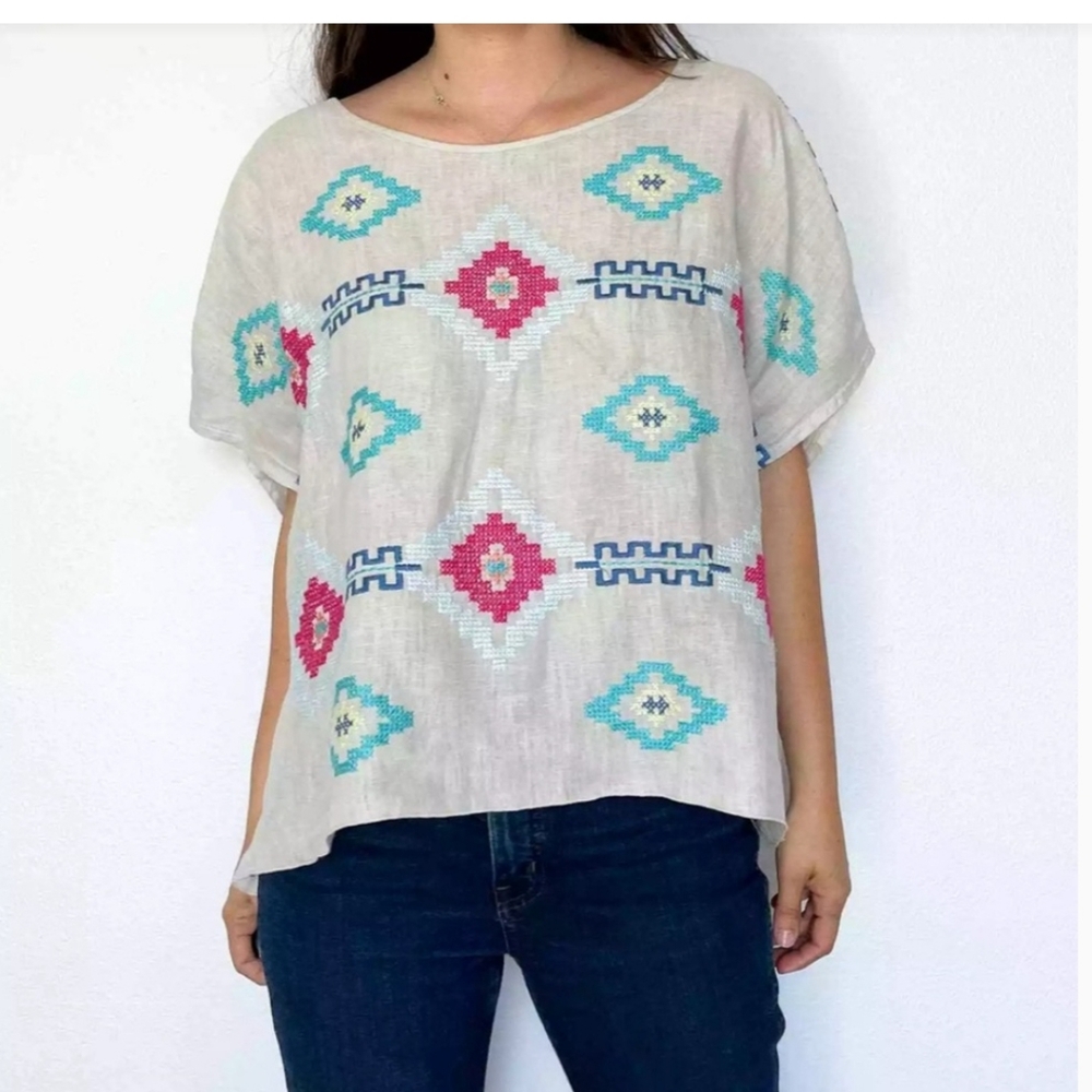 Johnny Was embroidered linen top.